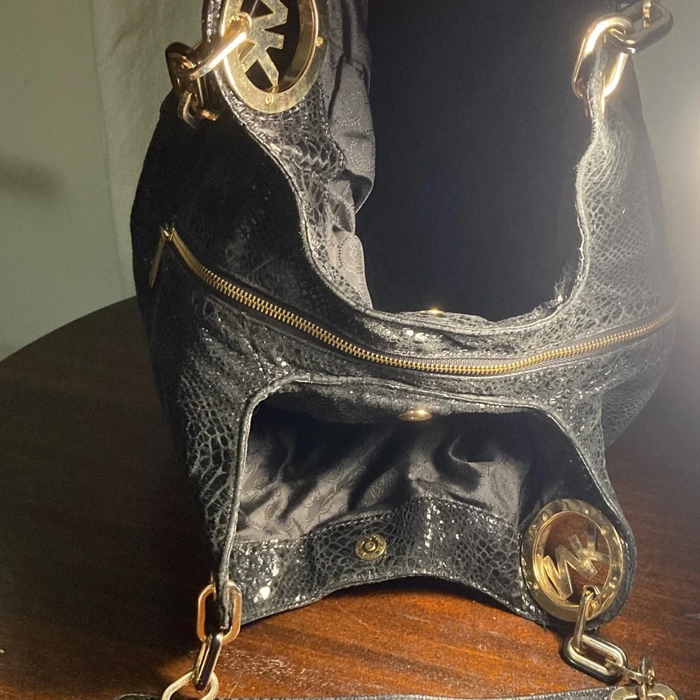 Michael Kors Black Fulton Snake-Embossed Hobo Bag with Gold Hardware